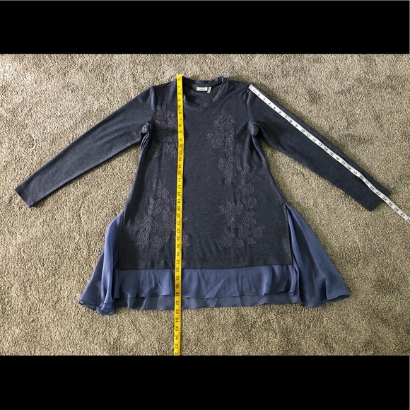 LOGO Lounge Top XS Jersey Knit Chiffon Flared Hem Embroidered Boho Pullover - Picture 4 of 12